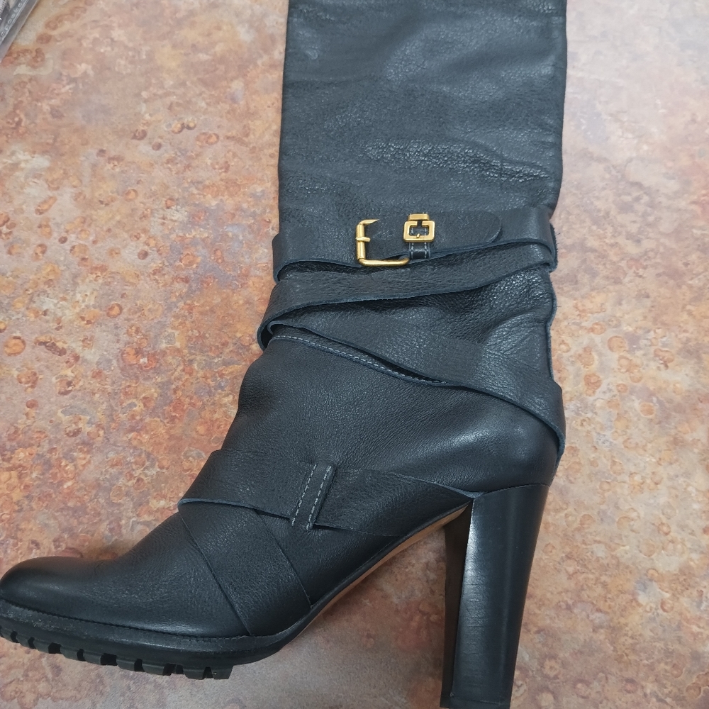 Chloe Black Heeled Boots with Gold Buckle